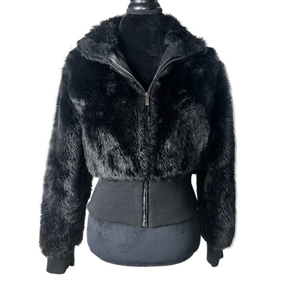 Faux Fur Black Crop Zip Up Jacket XL - Picture 1 of 4